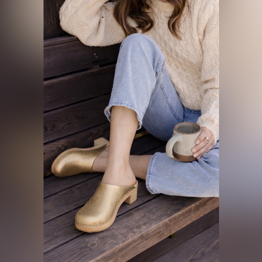BRYR Chloe Clog Wooden Heel in Gold Leather